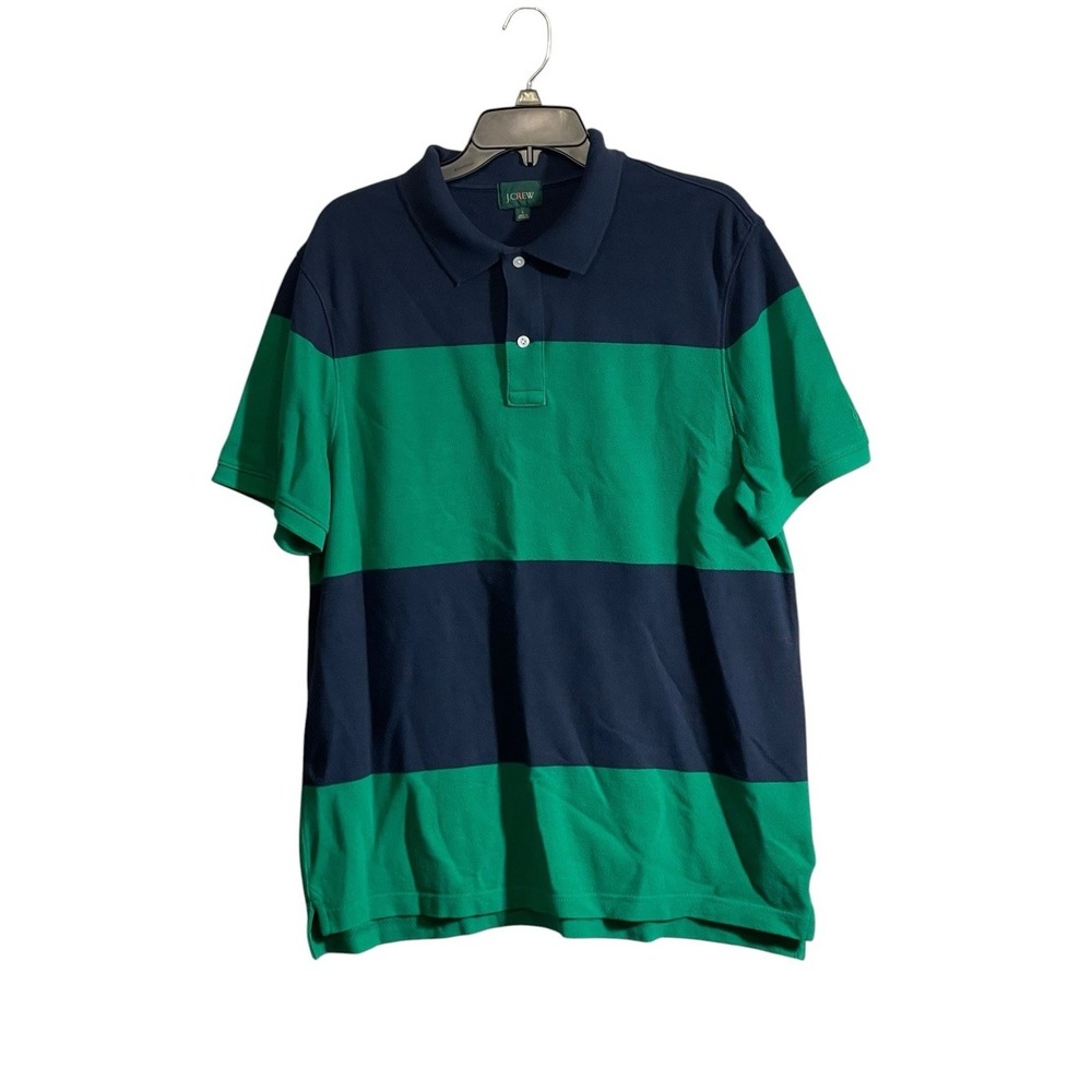 J Crew Polo Mens Polo Shirt Large Green Navy Blue Striped Pique Rugby 90's